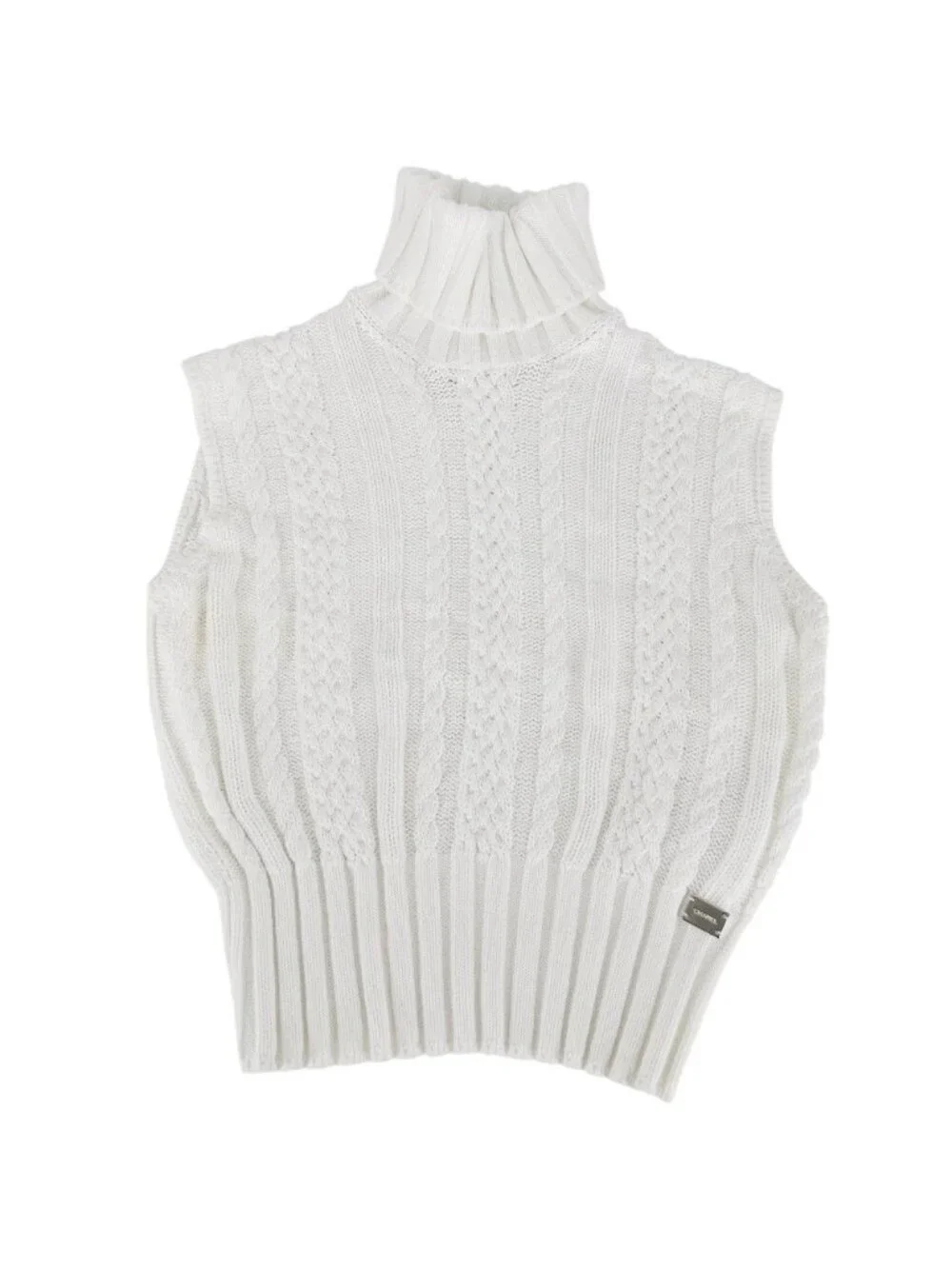 Chanel Knit Turtleneck Sleeveless Logo Plate 38 White Cotton Spring Autumn